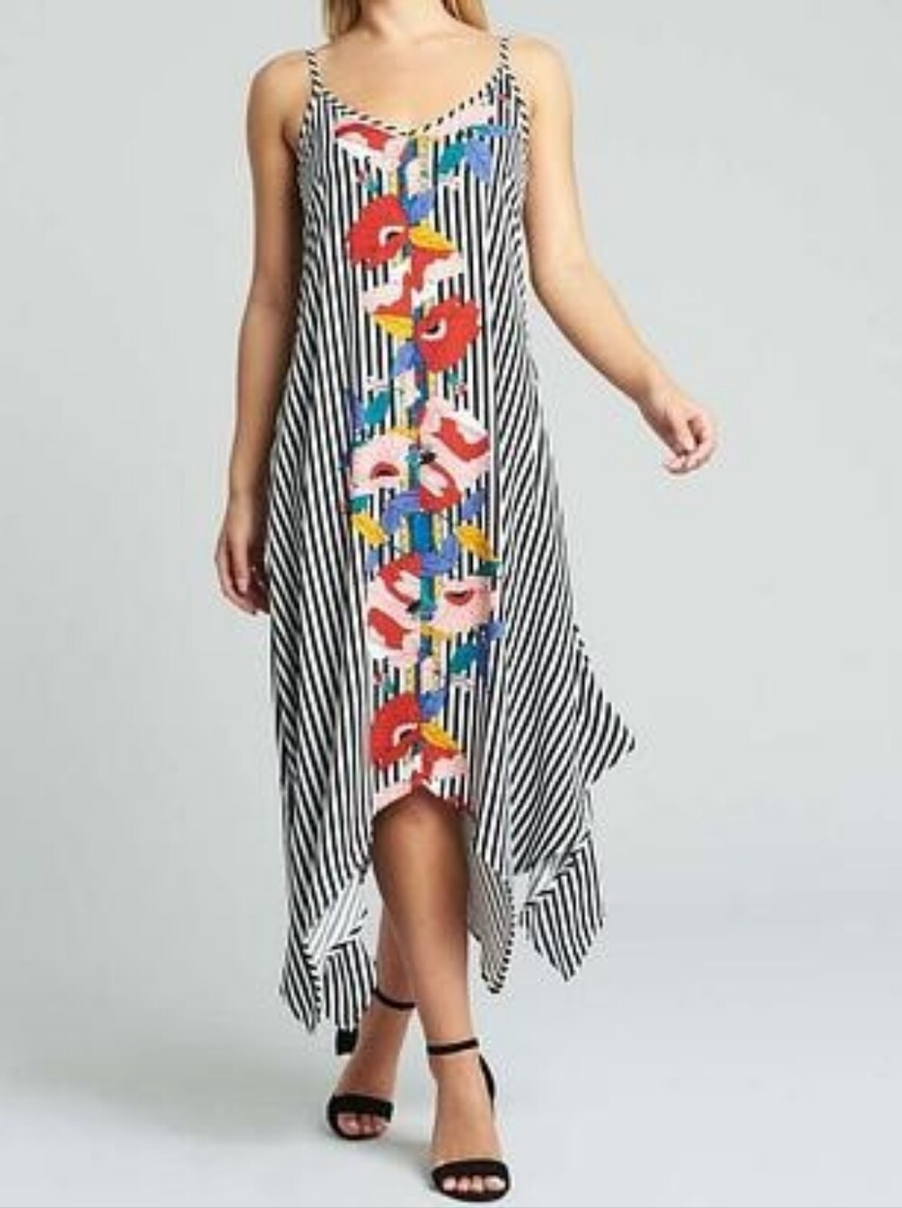 Papaya Striped Black & White Floral-Accent Handkerchief Hem Dress Size 12
